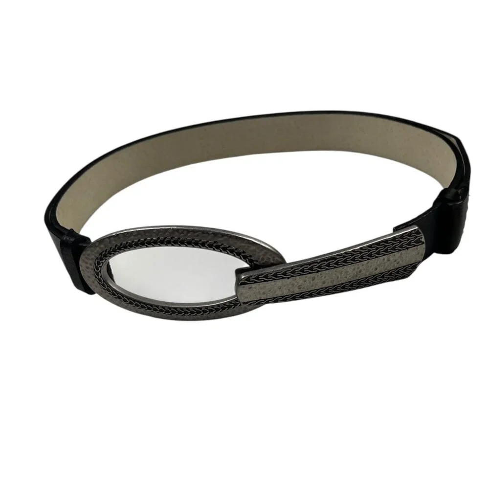 Chico's Belt Size ML Black Leather Adjustable Silvertone/Black Oval Buckle Boho